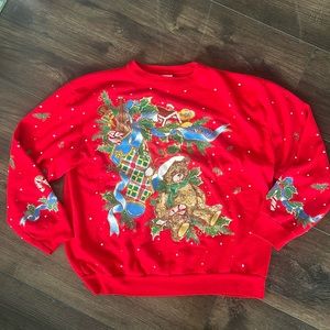 Vintage Teddy Bear Christmas Sweatshirt, Nutcracker, Candy Canes, Holly - Large